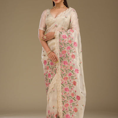 Cream Threadwork Tissue Saree