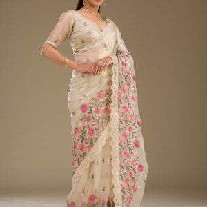 Cream Threadwork Tissue Saree