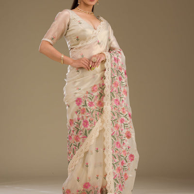 Cream Threadwork Tissue Saree