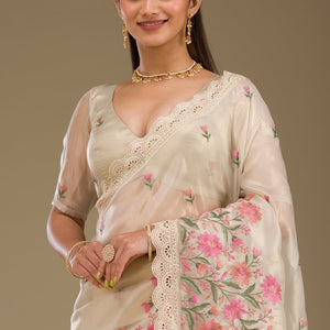 Cream Threadwork Tissue Saree
