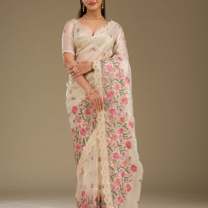 Cream Threadwork Tissue Saree