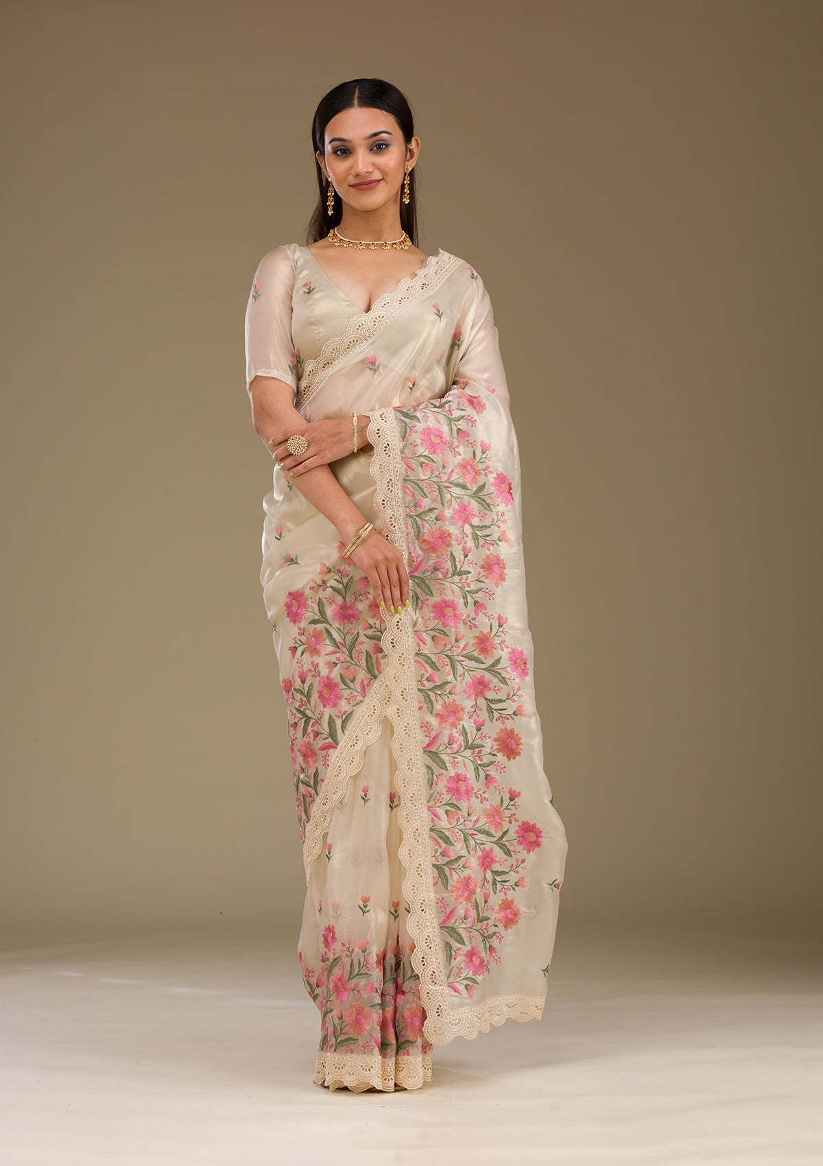 Cream Threadwork Tissue Saree
