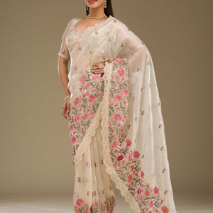 Cream Threadwork Tissue Saree