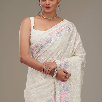 Cream Zariwork Georgette Saree