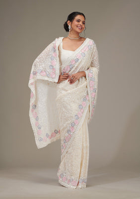 Cream Zariwork Georgette Saree