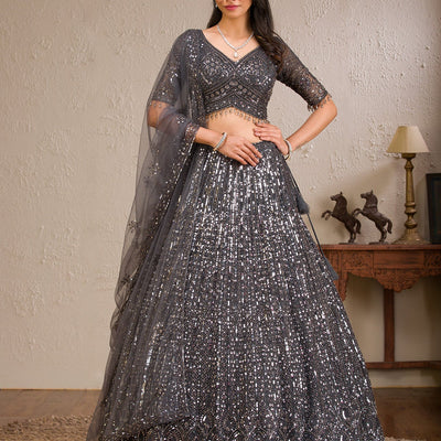 Dark Grey Sequins Net Readymade Lehenga