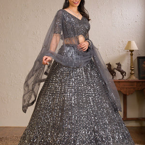 Dark Grey Sequins Net Readymade Lehenga