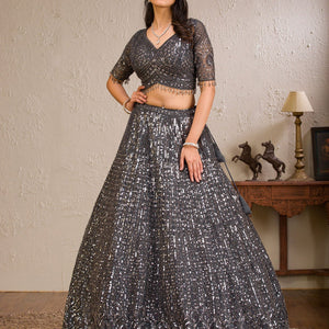 Dark Grey Sequins Net Readymade Lehenga