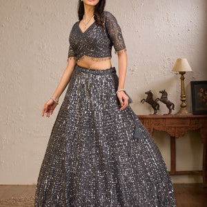 Dark Grey Sequins Net Readymade Lehenga