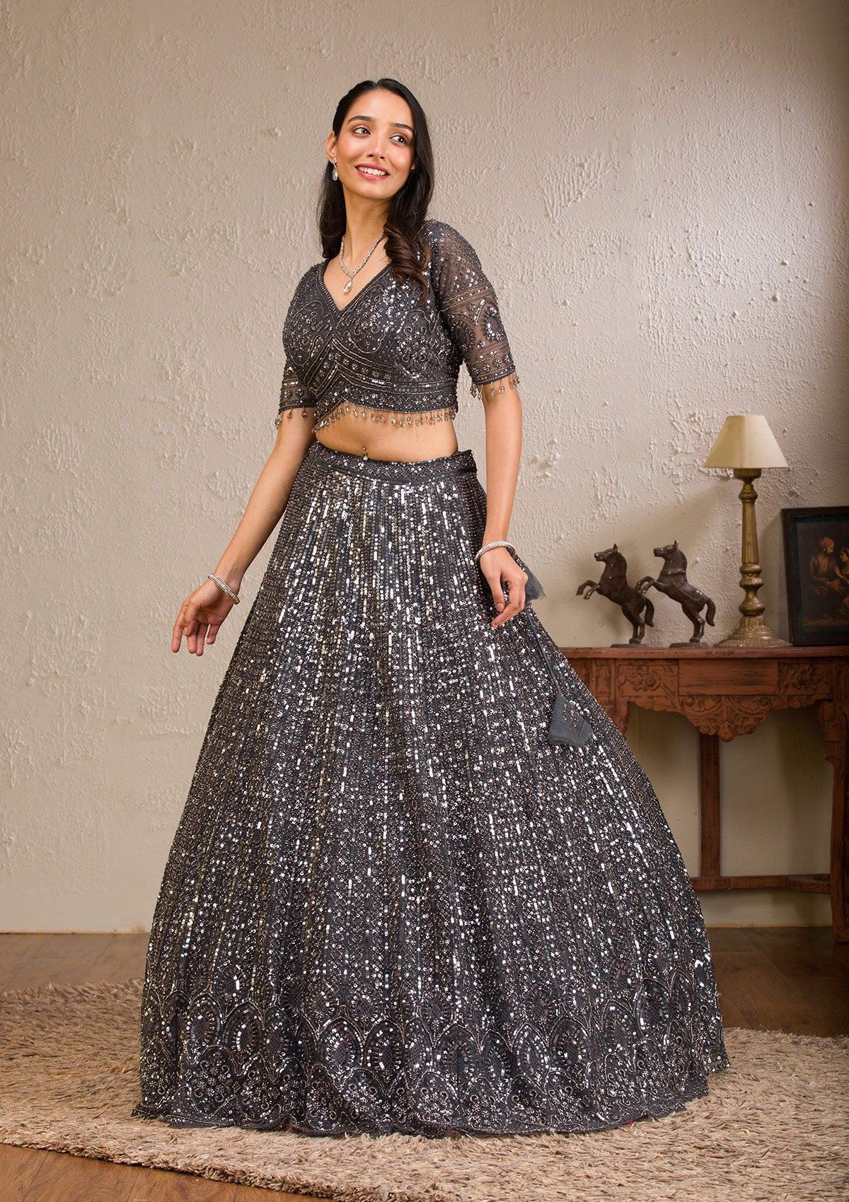 Dark Grey Sequins Net Readymade Lehenga