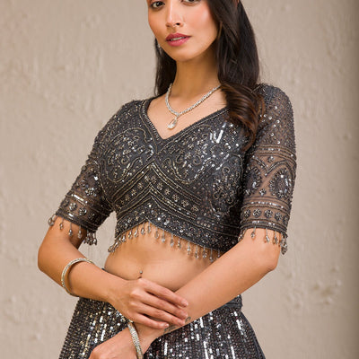 Dark Grey Sequins Net Readymade Lehenga