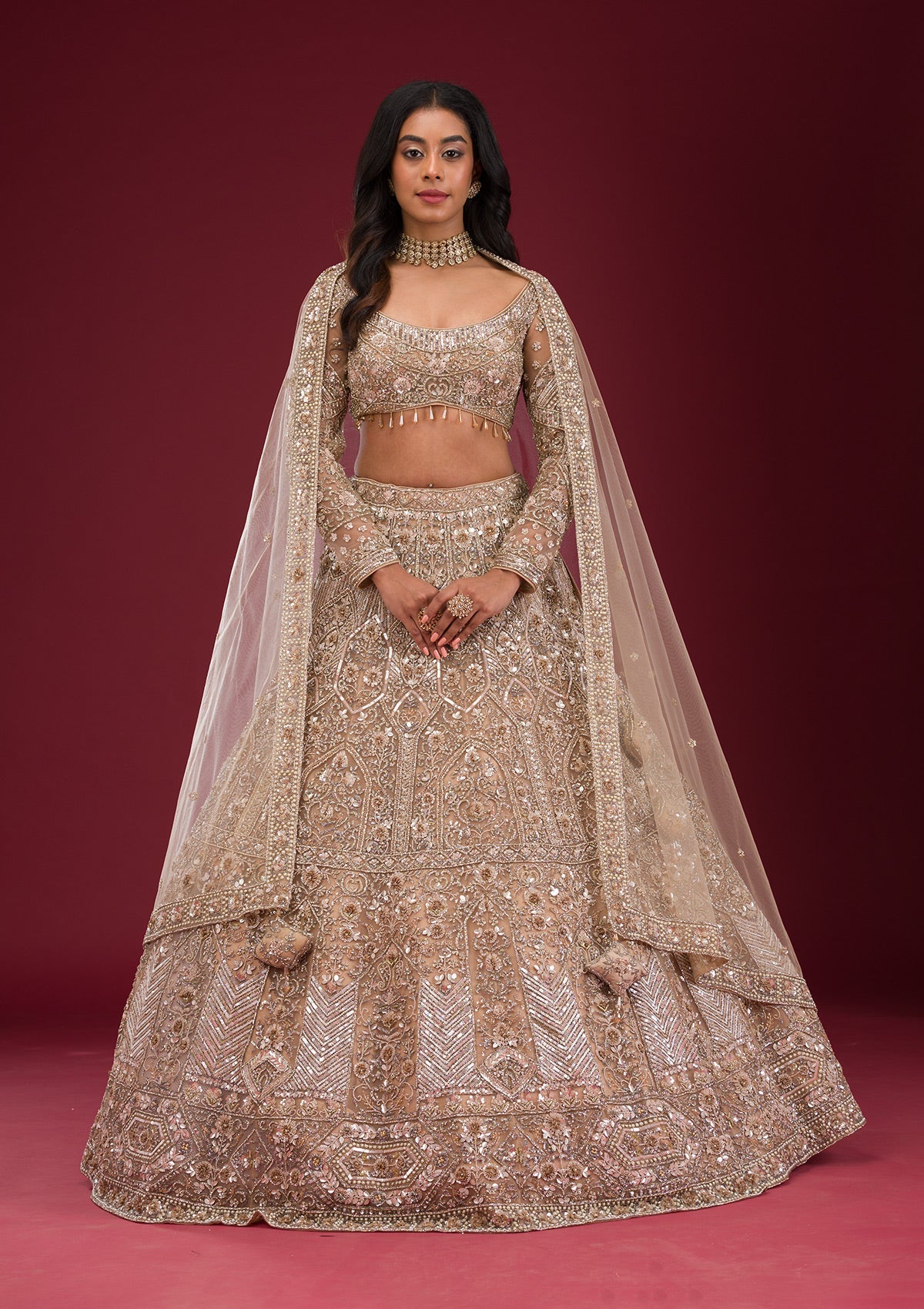 Gold Stonework Net Readymade Lehenga