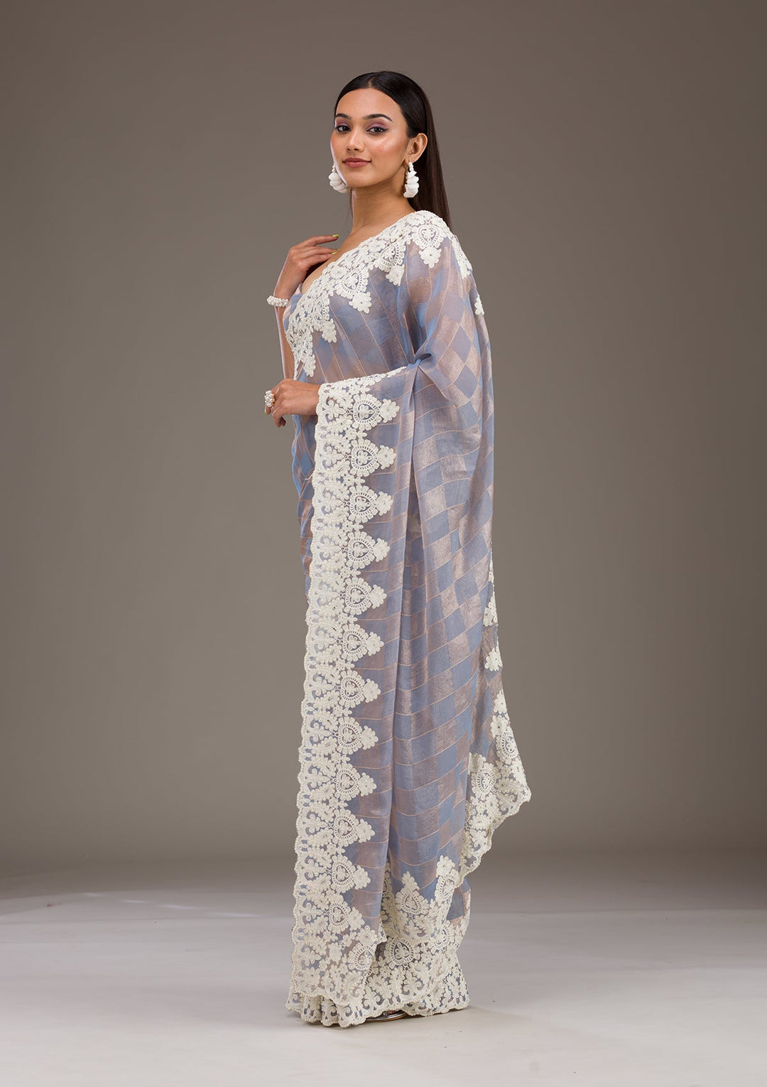 Grey Pearlwork Tissue Saree