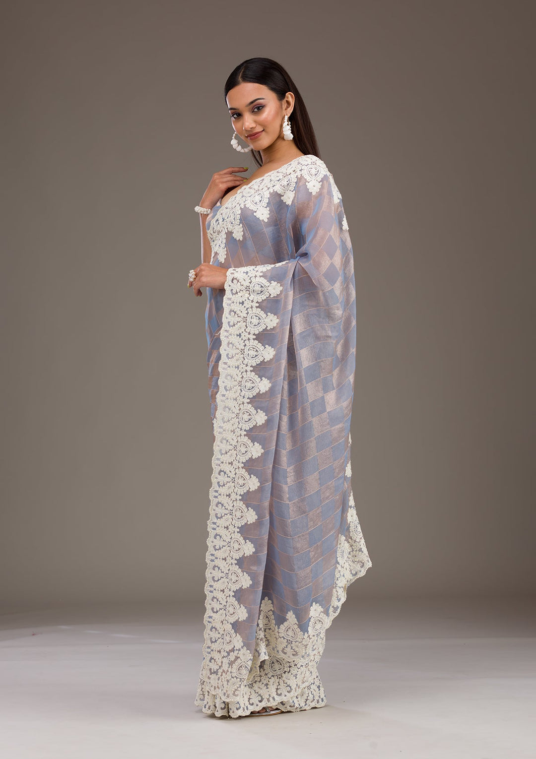 Grey Pearlwork Tissue Saree