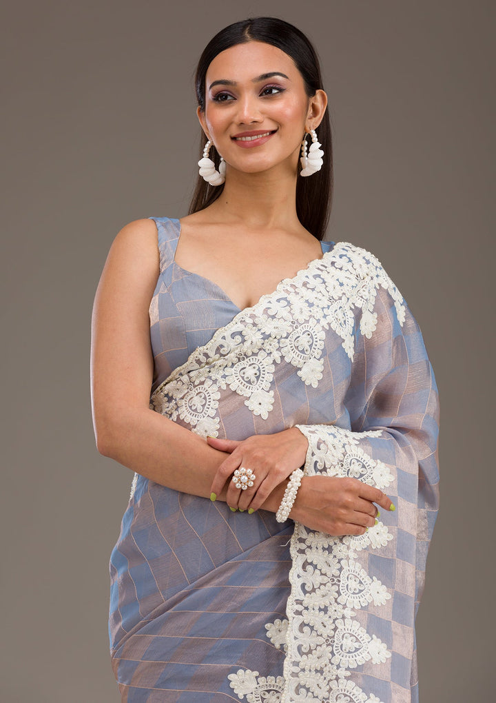 Grey Pearlwork Tissue Saree