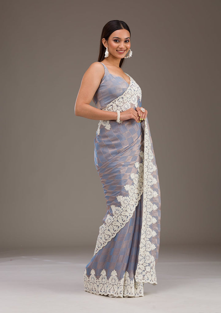 Grey Pearlwork Tissue Saree