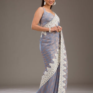 Grey Pearlwork Tissue Saree