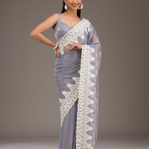 Grey Pearlwork Tissue Saree