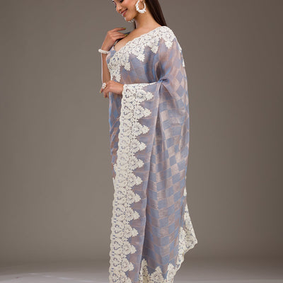 Grey Pearlwork Tissue Saree