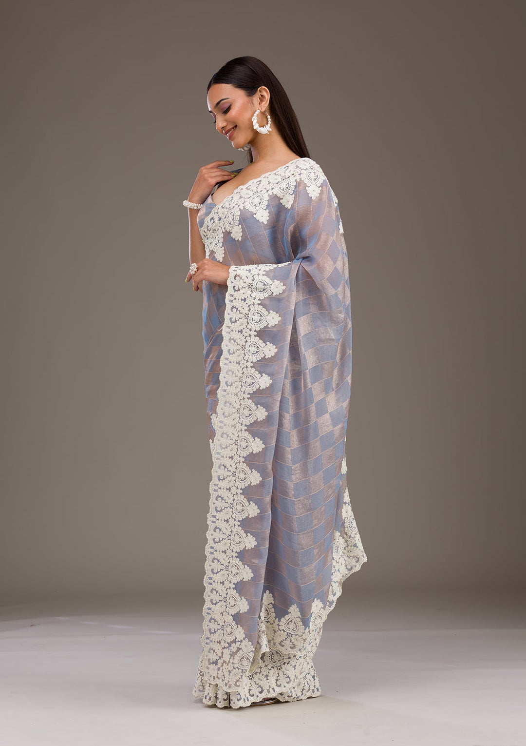 Grey Pearlwork Tissue Saree