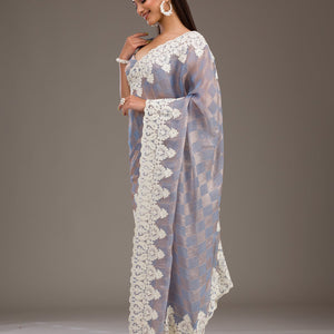 Grey Pearlwork Tissue Saree