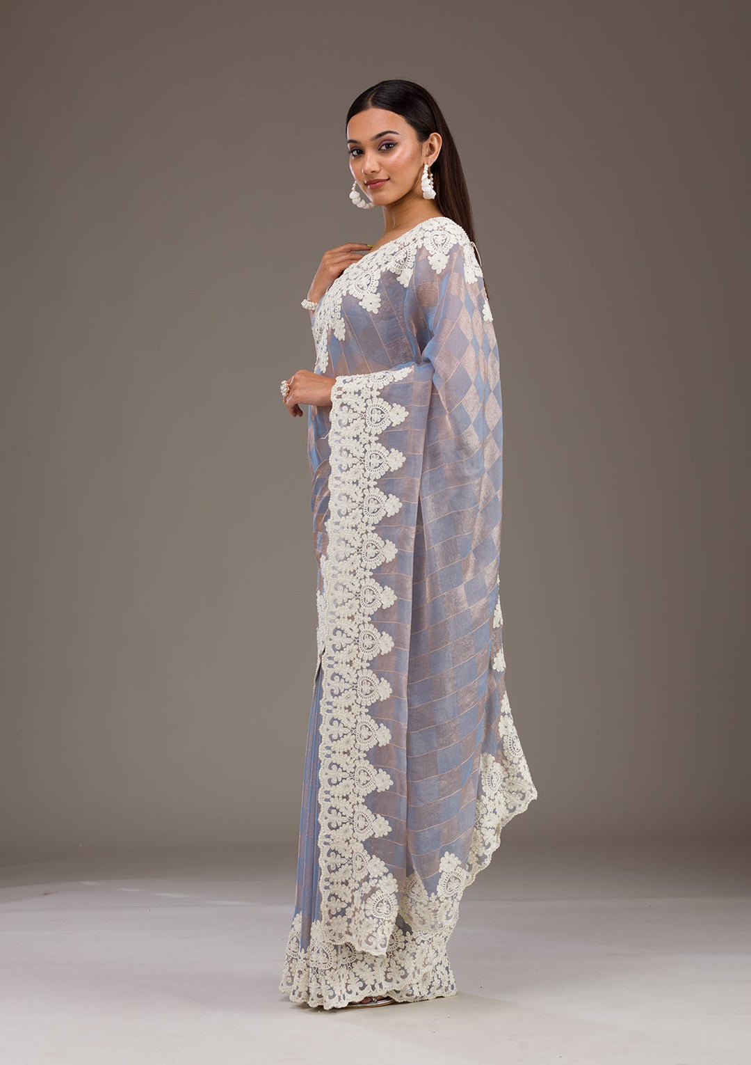 Grey Pearlwork Tissue Saree