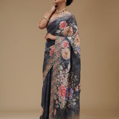 Grey Printed Tissue Saree