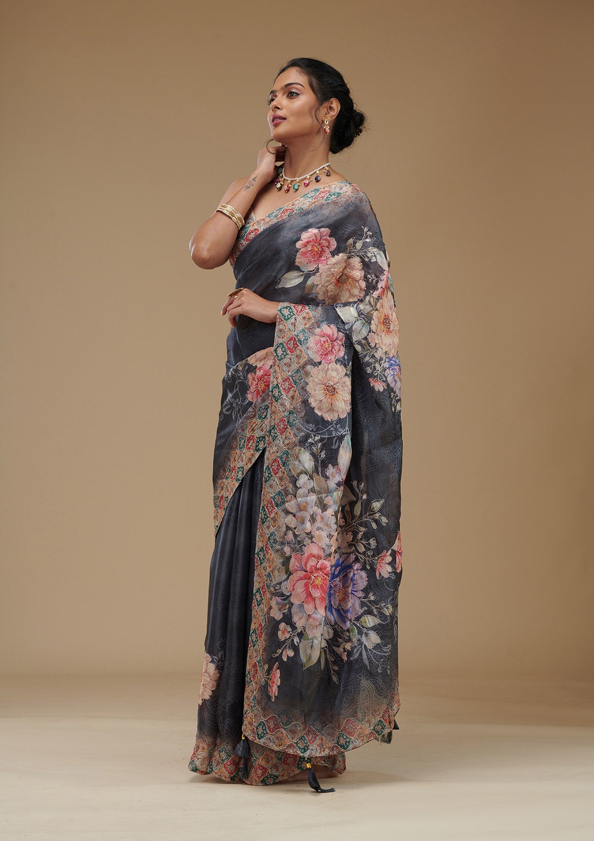 Grey Printed Tissue Saree