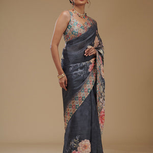 Grey Printed Tissue Saree