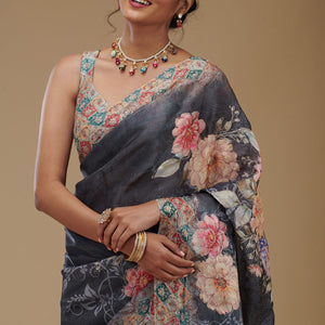 Grey Printed Tissue Saree
