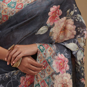 Grey Printed Tissue Saree