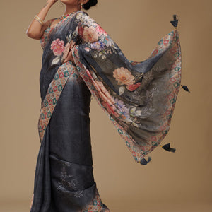 Grey Printed Tissue Saree