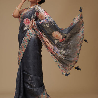 Grey Printed Tissue Saree