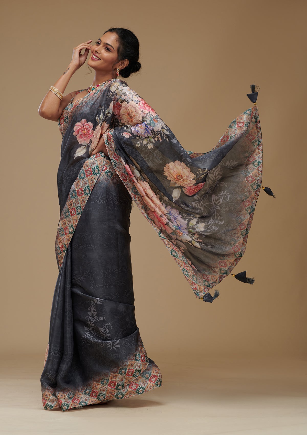 Grey Printed Tissue Saree