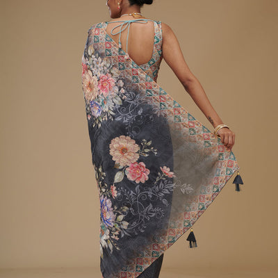 Grey Printed Tissue Saree