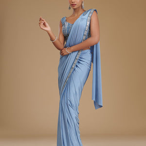 Grey Sequins Satin Readymade Saree