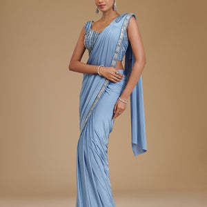 Grey Sequins Satin Readymade Saree
