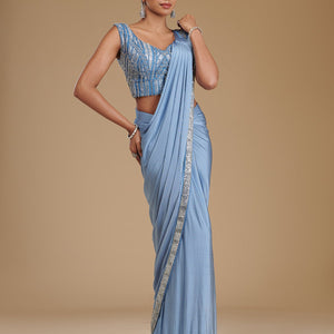Grey Sequins Satin Readymade Saree