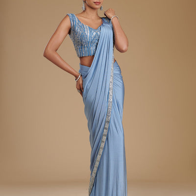 Grey Sequins Satin Readymade Saree