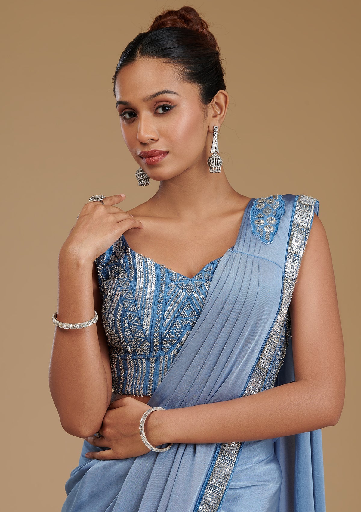 Grey Sequins Satin Readymade Saree
