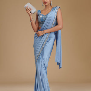 Grey Sequins Satin Readymade Saree