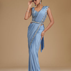 Grey Sequins Satin Readymade Saree