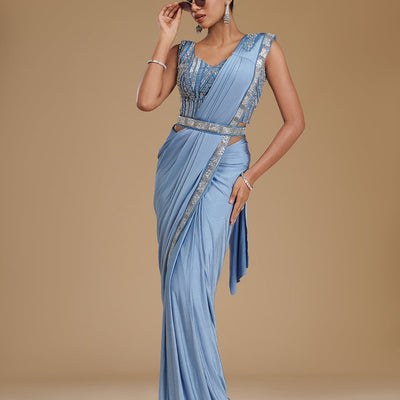 Grey Sequins Satin Readymade Saree