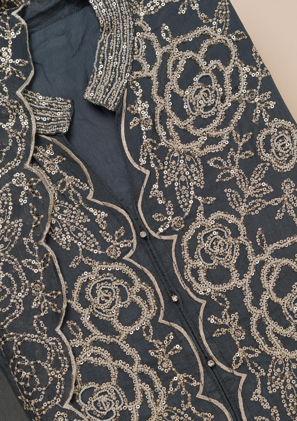 Grey Sequins Semi Crepe Unstitched Salwar Suit