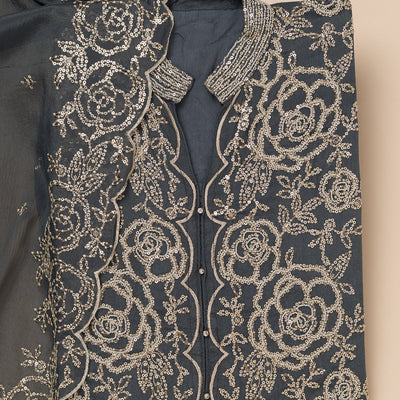Grey Sequins Semi Crepe Unstitched Salwar Suit