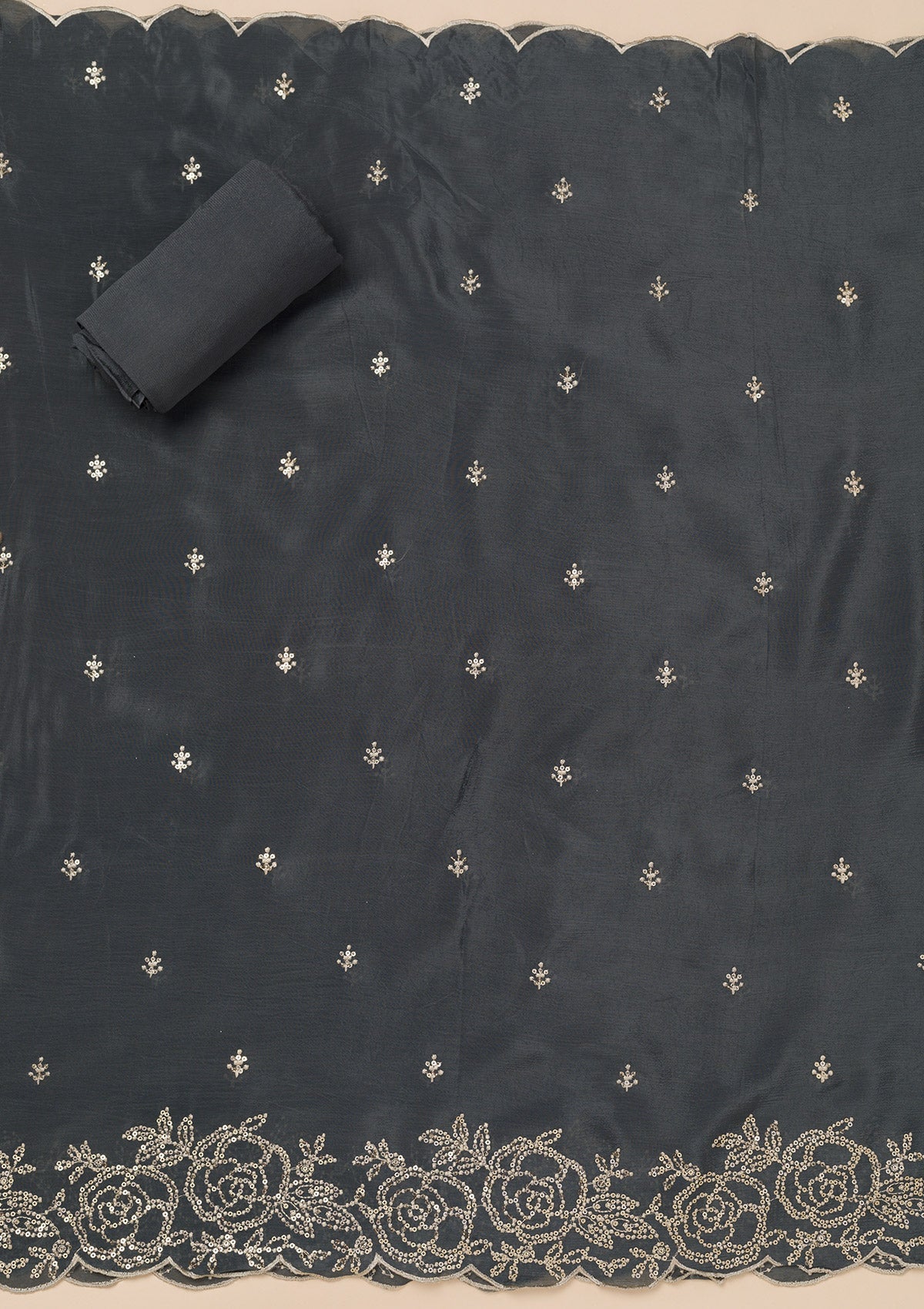 Grey Sequins Semi Crepe Unstitched Salwar Suit