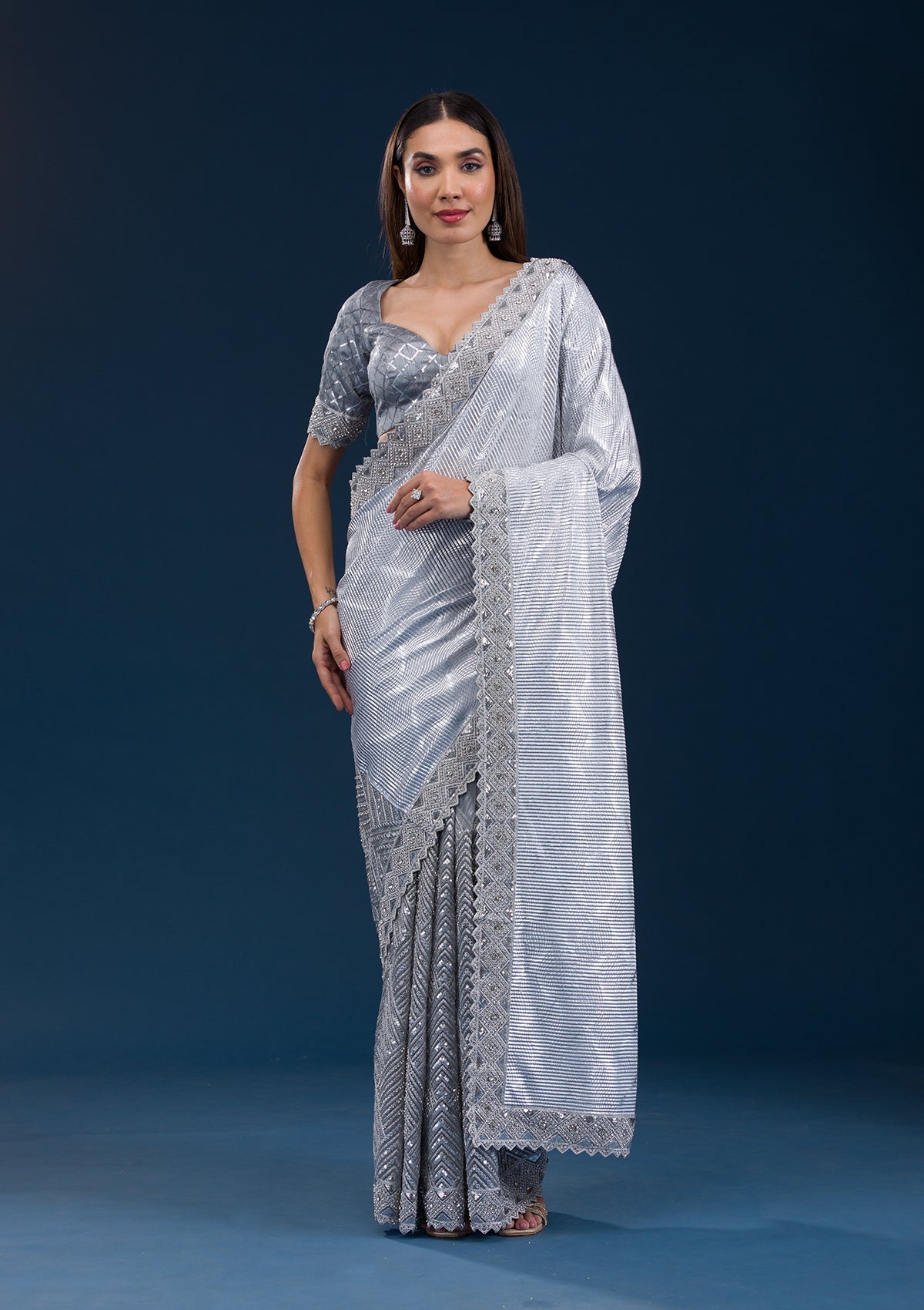 Grey Stonework Semi Crepe Saree