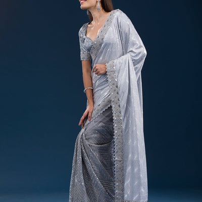 Grey Stonework Semi Crepe Saree