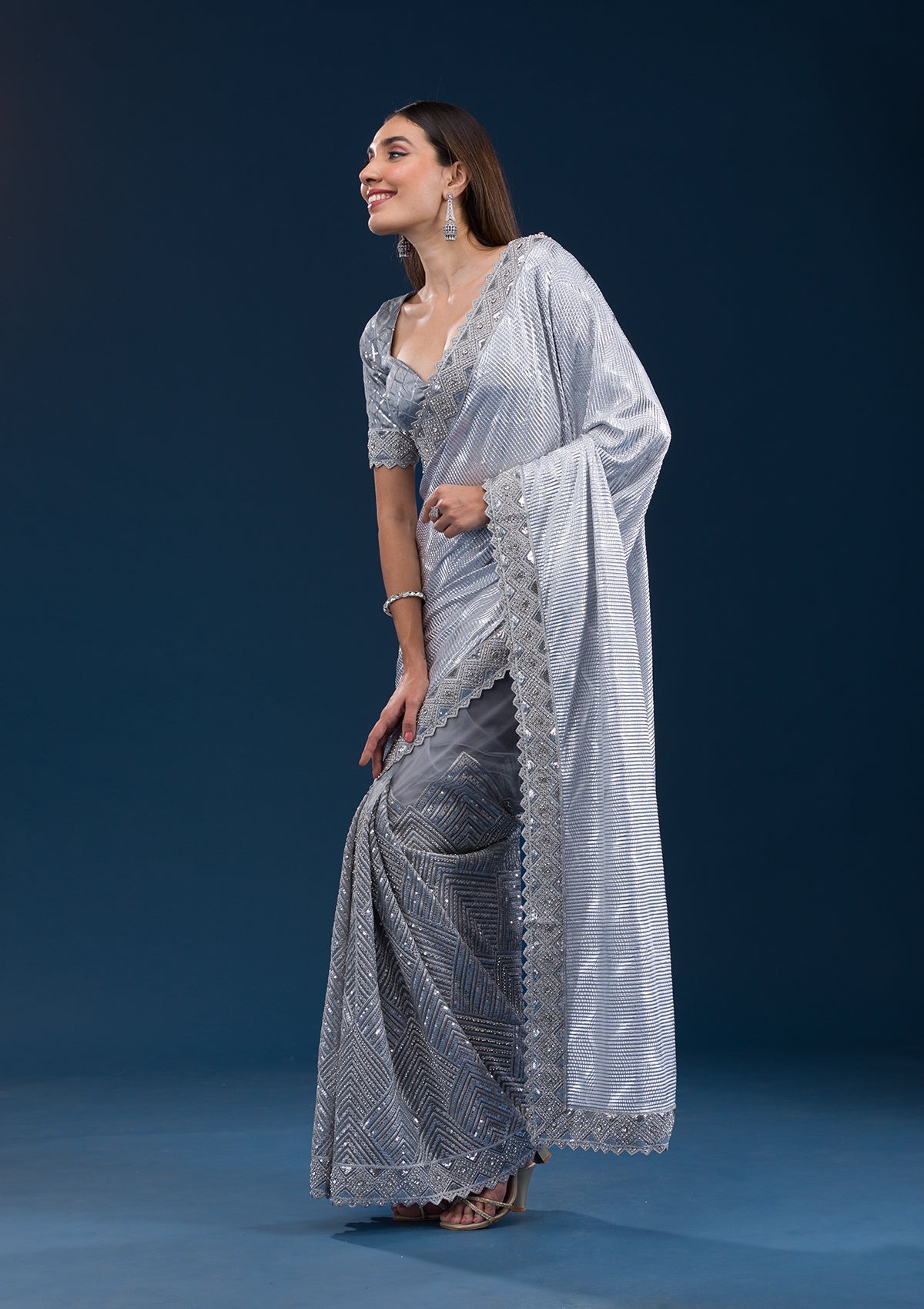 Grey Stonework Semi Crepe Saree