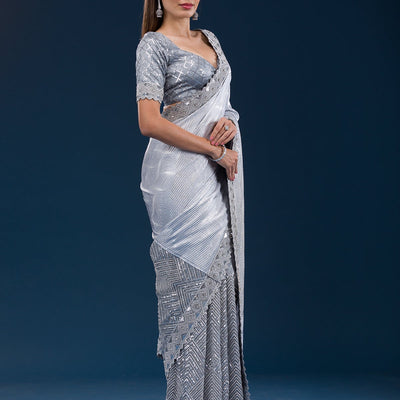 Grey Stonework Semi Crepe Saree